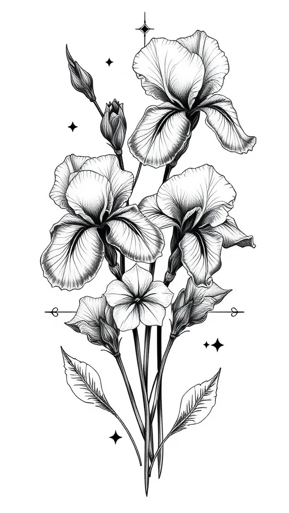 Tatouage noir et blanc pas trop chargé, iris et violette avec les tiges, formes géometrique, prenom Loéva et Milann tattoo