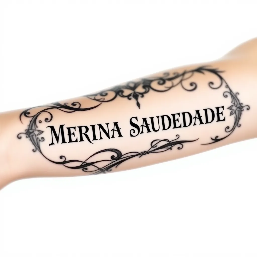 Tatuagem em preto e branco no braço masculino com o nome da filha falecida, "MARINA SAUDADE ETERNA" tattoo