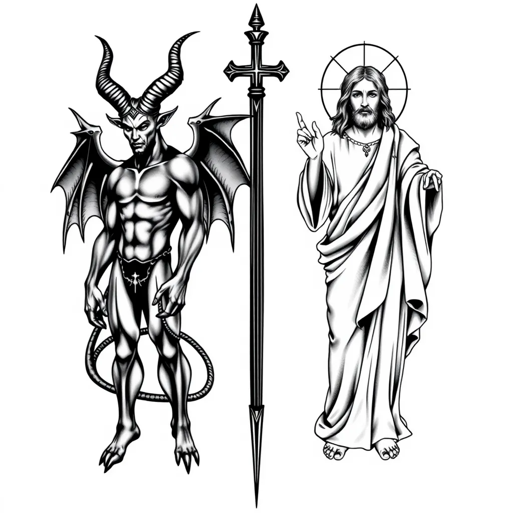 Tatuaje en blanco y negro, dividido verticalmente en dos figuras completas y separadas. En la izquierda, Baphomet en una posición de pie, con cuernos, torso musculoso, alas oscuras, y detalles claramente demoníacos. En la derecha, Jesucristo, de pie en una posición similar, con una expresión de paz, túnica tradicional, y un aura suave. Cada figura debe ocupar su propio lado sin compartir detalles, y la línea central debe marcar una división clara, sin cruzar elementos de un lado al otro. Cada lado debe reflejar su estilo y naturaleza sin mezcla de características tatuagem