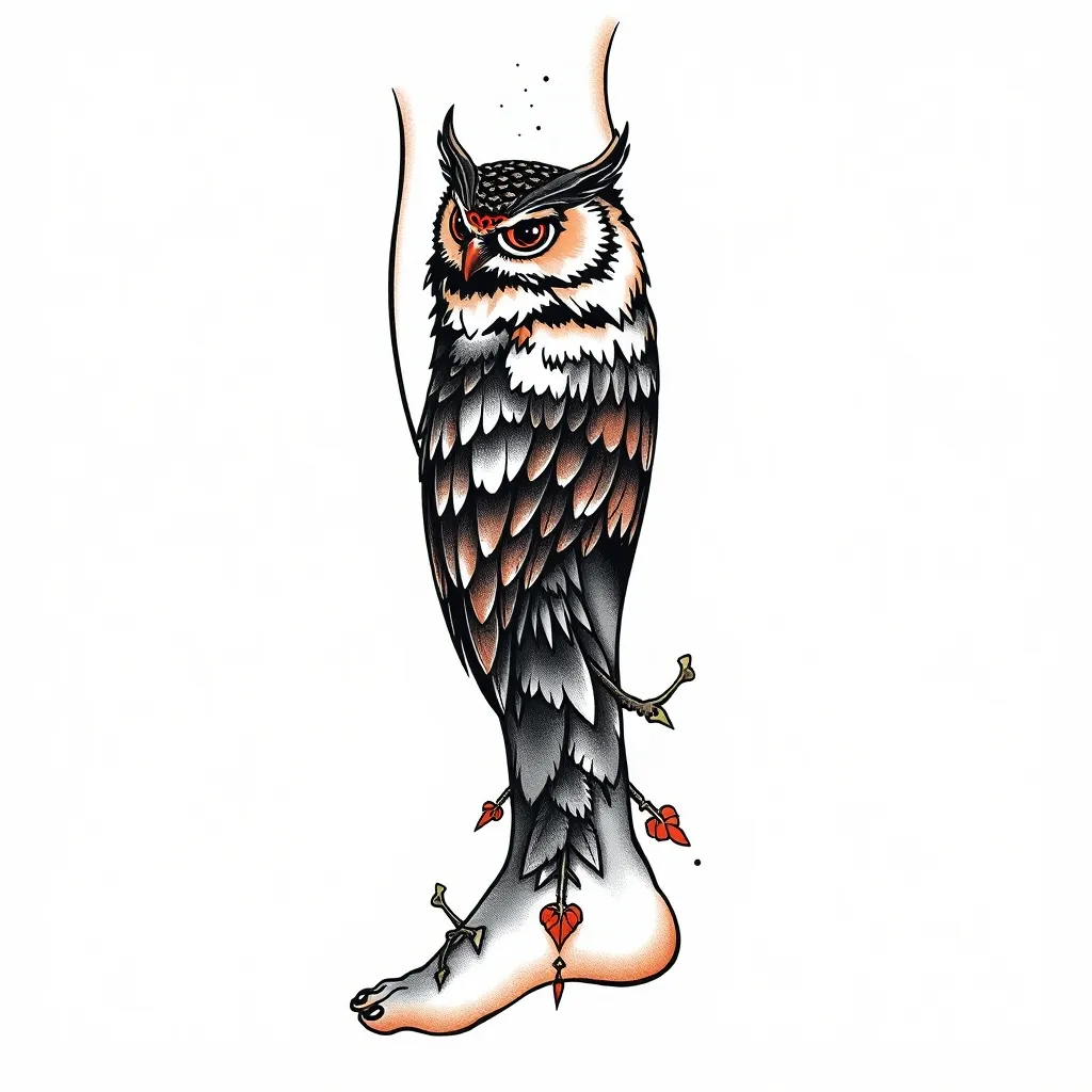 Black leg with owl on back side tatoeage