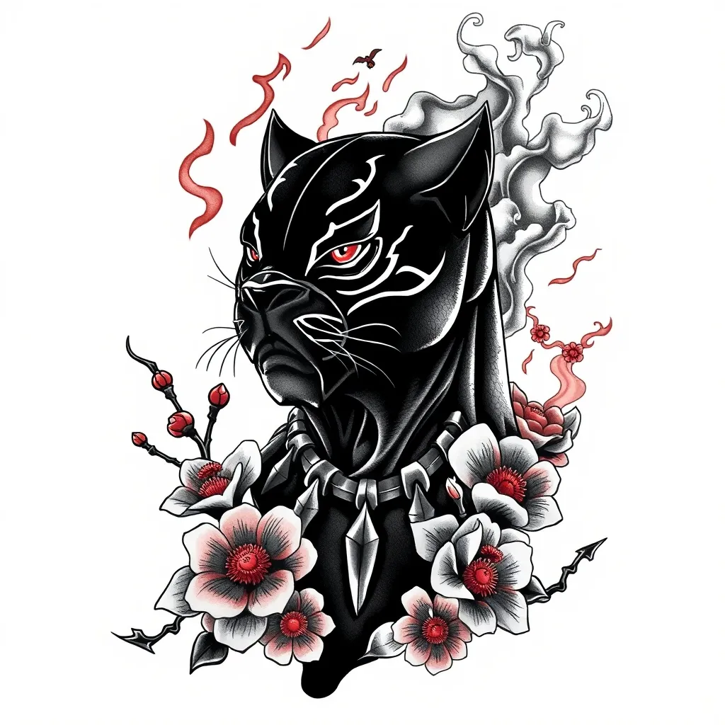 黑豹主圖 元素內容 火焰 花卉 煙霧 문신
