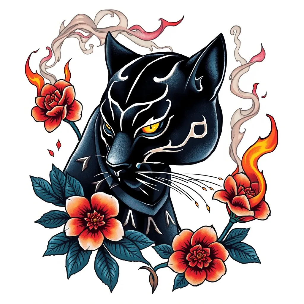 黑豹主圖 元素內容 花卉 火焰煙霧  문신