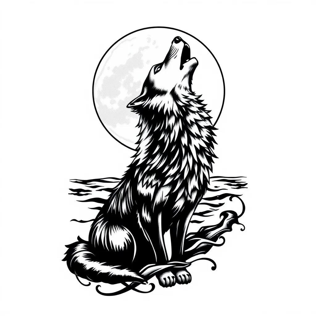 lobo negro aullando a la luna y el fondo es el mar  tattoo