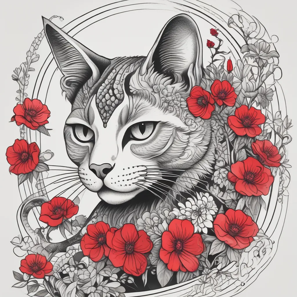 blackhead cat on top of the bunch of red flowers with shadow in shapes. all for arm elongated oval tattoo