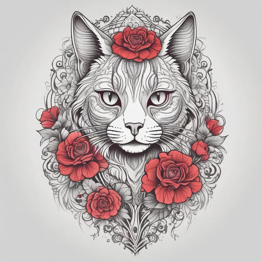 blackhead cat on top of the bunch of red flowers with shadow in shapes. all for arm elongated oval tatuaggio