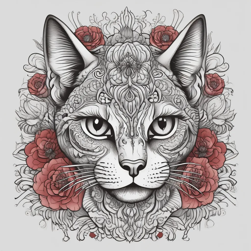 blackhead cat on top of the bunch of red flowers with shadow in shapes. all for arm elongated oval 入れ墨