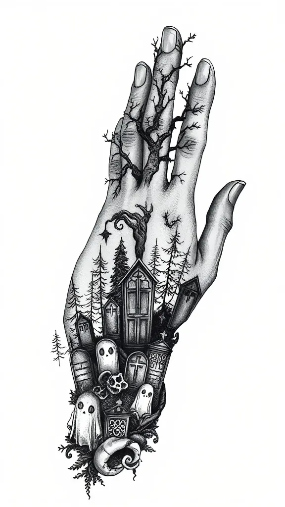 Ideia de tatuagem no estilo Blackwork cemitério para dorso da mão subindo parte de cima do punho com lapides, fantasmas e arvores tatuering