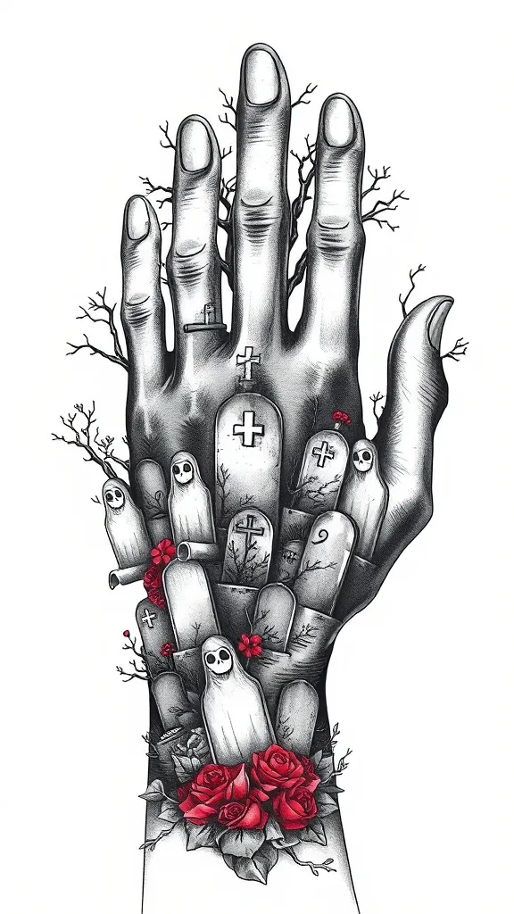 Ideia de tatuagem no estilo Blackwork cemitério para dorso da mão subindo para o punho com lapides, fantasmas e arvores tattoo