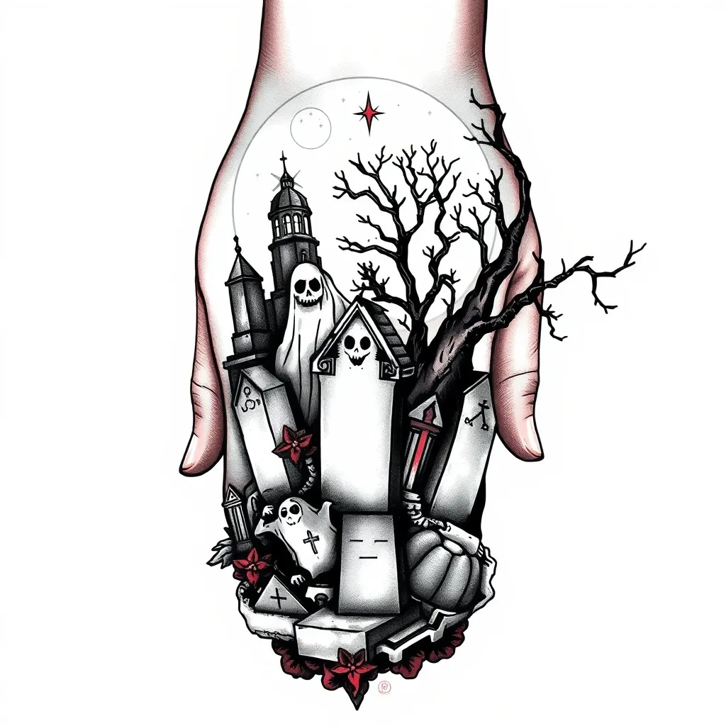 Ideia de tatuagem no estilo Blackwork cemitério para dorso da mão com lapides, fantasmas e arvores tattoo