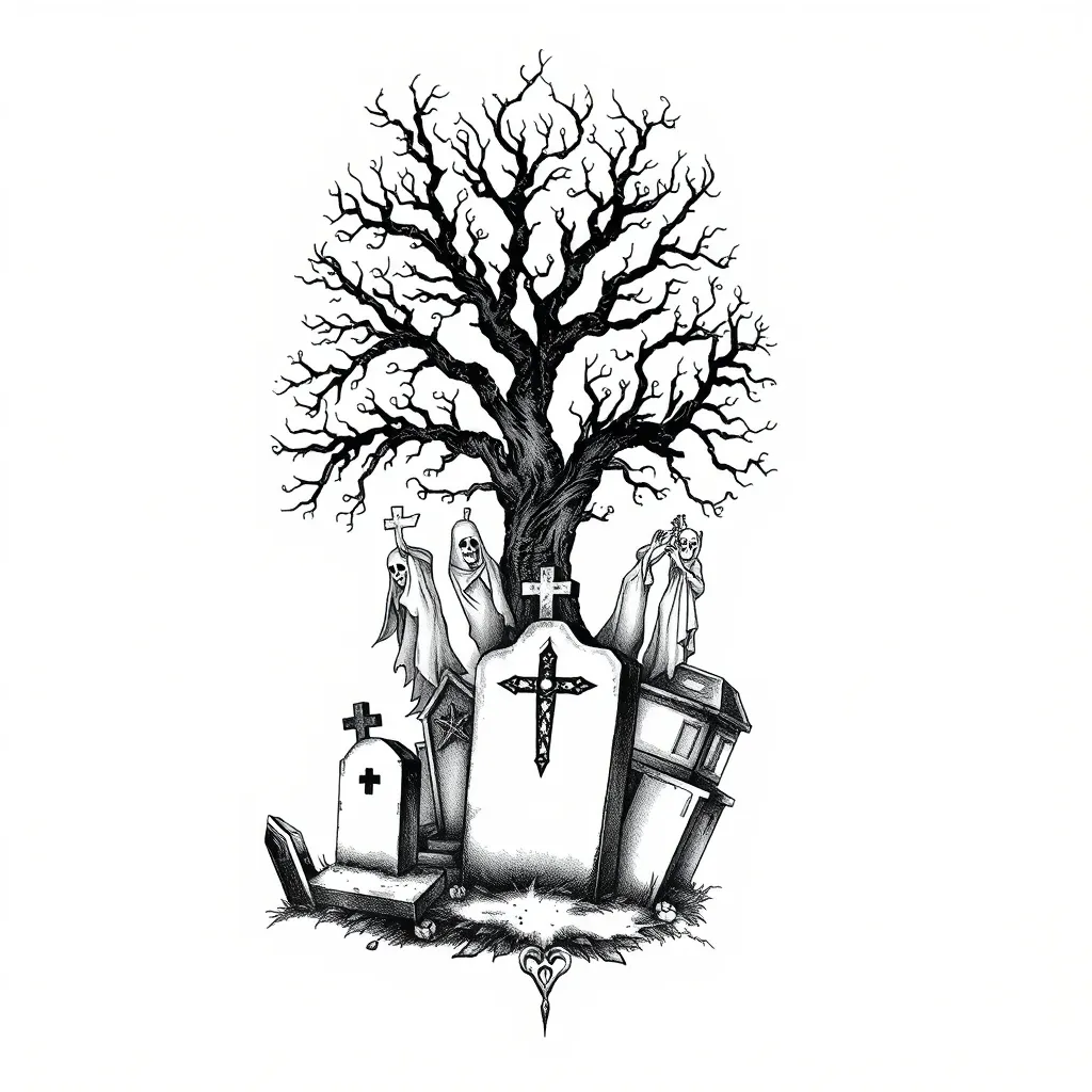 Ideia de tatuagem no estilo Blackwork cemitério para dorso da mão com lapides, fantasmas e arvores tatoeage