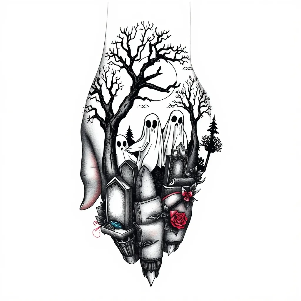 Ideia de tatuagem no estilo Blackwork cemitério para dorso da mão sem pegar nos dedos, com lapides, fantasmas e arvores tatuagem