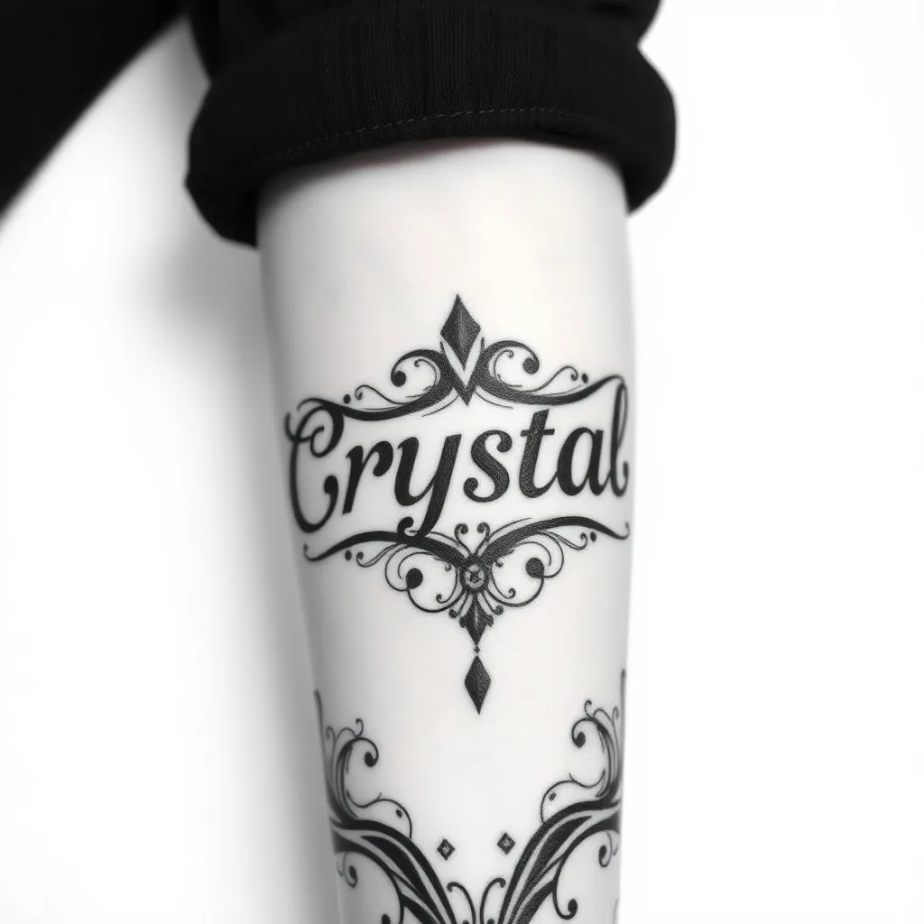 Idea de tatuaje en estilo Blackwork Nombre de Crystal Sarah representando los nombres de mi hija en el antebrazo  tatuagem