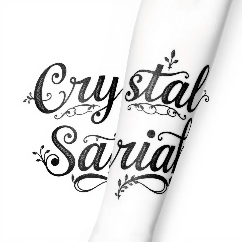 Idea de tatuaje en estilo Blackwork Nombre de Crystal Sarah representando los nombres de mi hija en el antebrazo  入れ墨