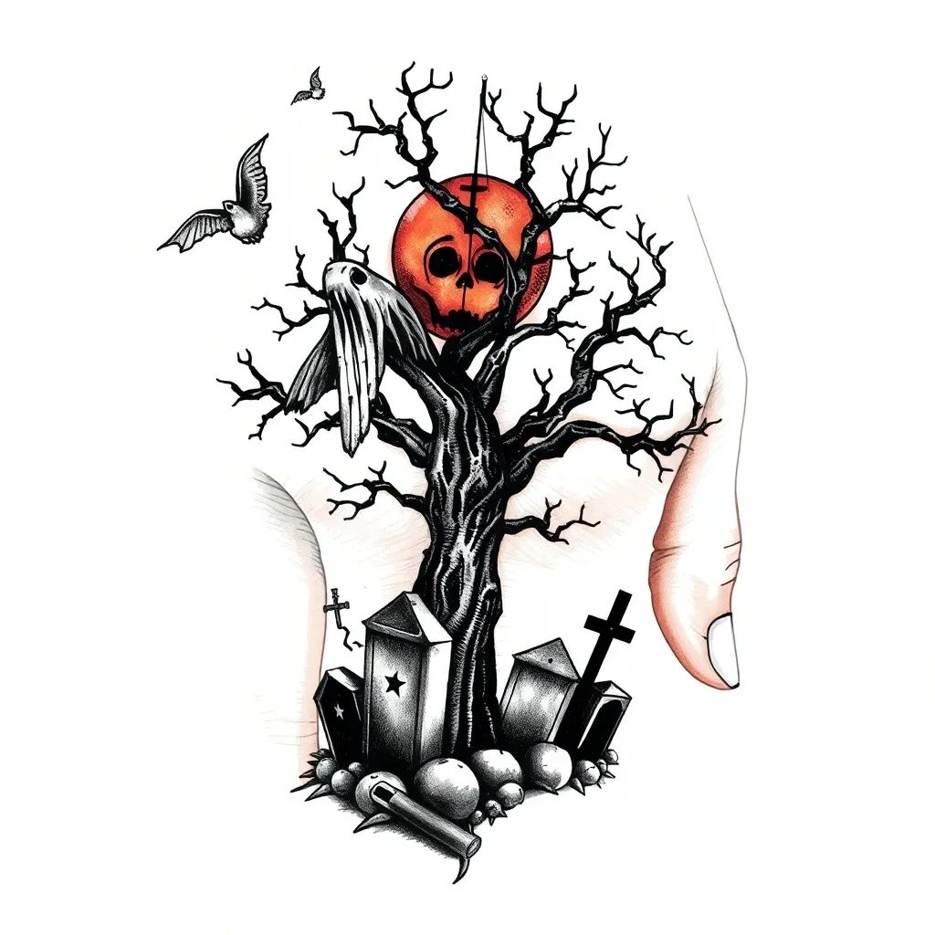 Ideia de tatuagem no estilo Blackwork para dorso da mão, come com lapides, fantasmas e arvores tattoo
