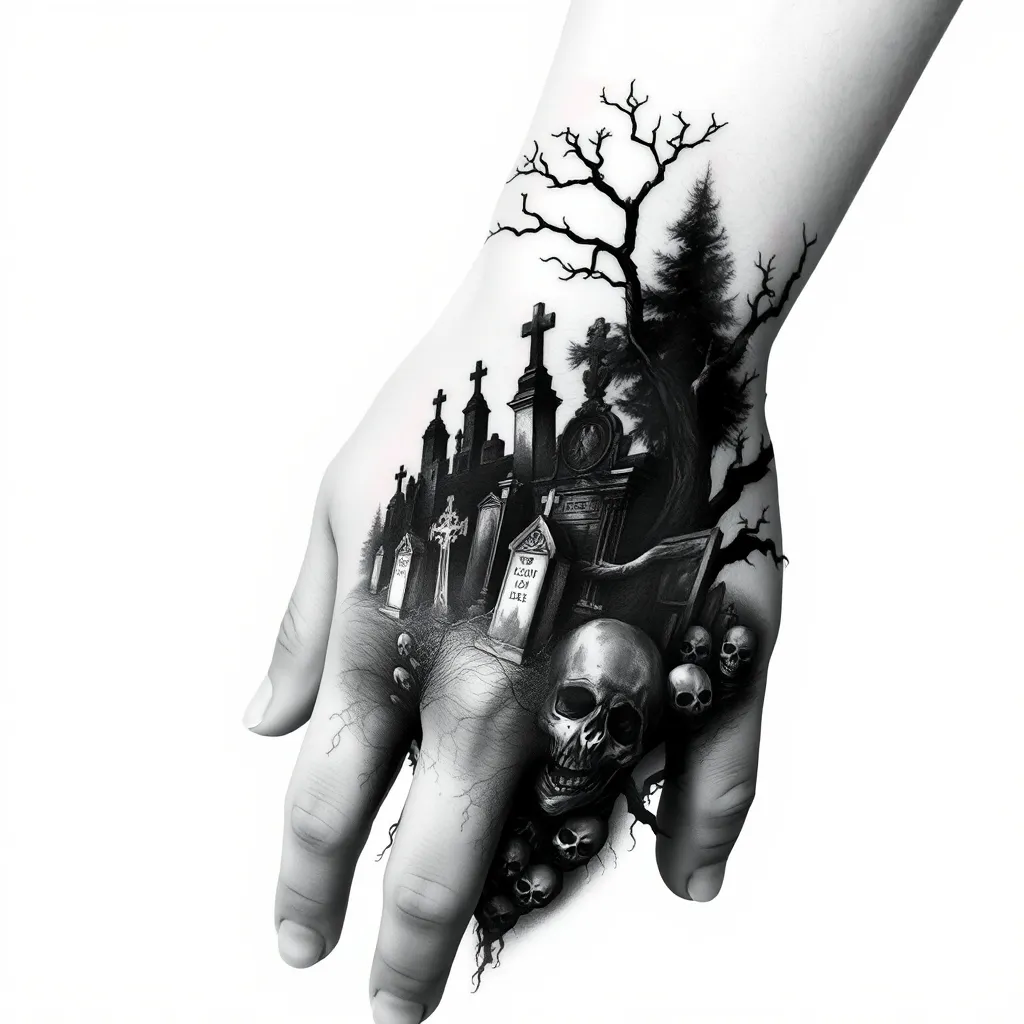 Ideia de tatuagem no estilo Blackwork começando no dorso da mão acima dos dedos, subindo para o braço, cemitério com lapides, fantasmas e arvores tattoo