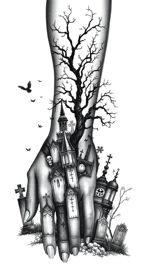 Ideia de tatuagem no estilo Blackwork começando no dorso da mão, subindo para o braço, cemitério com lapides, fantasmas e arvores tattoo