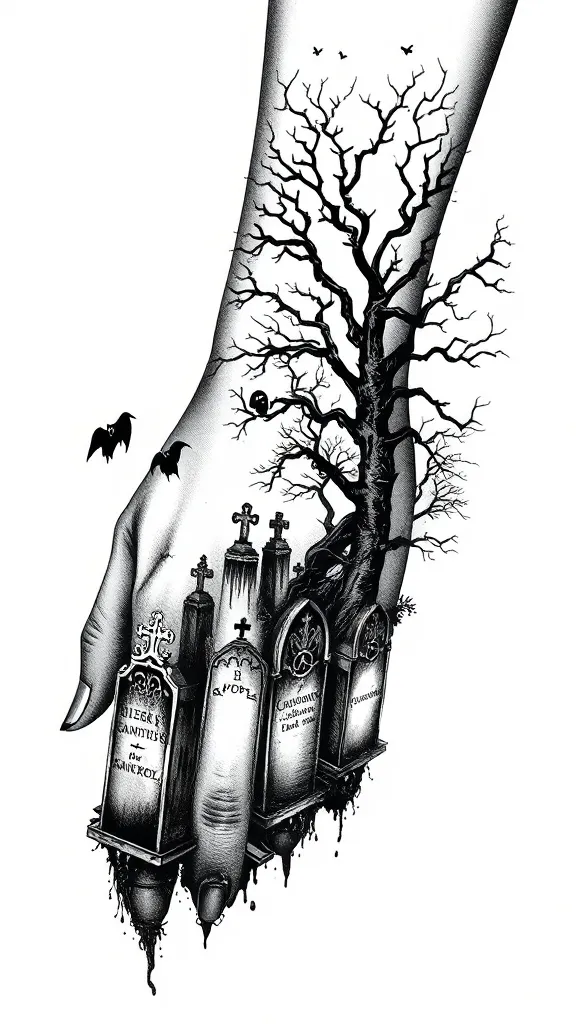 Ideia de tatuagem no estilo Blackwork começando no dorso da mão, subindo para o braço, cemitério com lapides, fantasmas e arvores tattoo