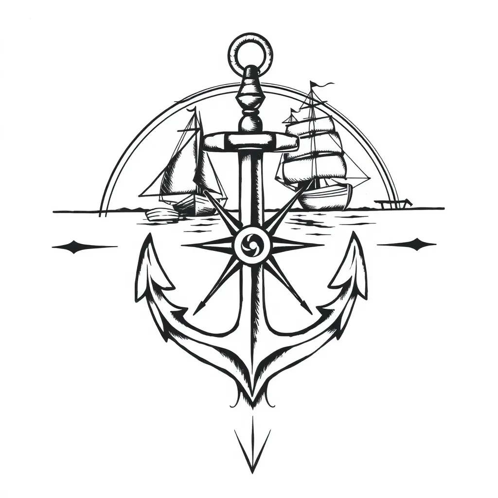 bateaux boussole ancre marine horizontale noir et blanc tattoo