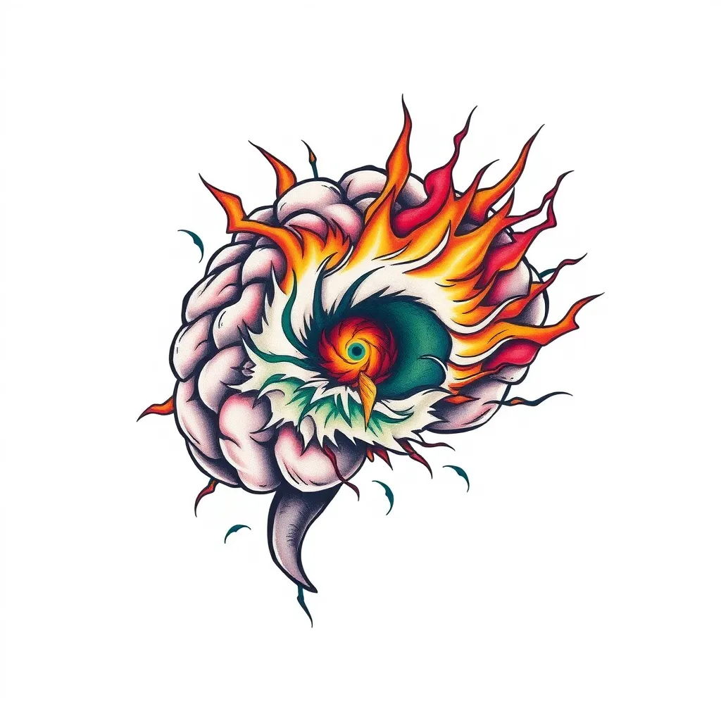 Brain shaped like a hurricane, exploding with energy. tetování