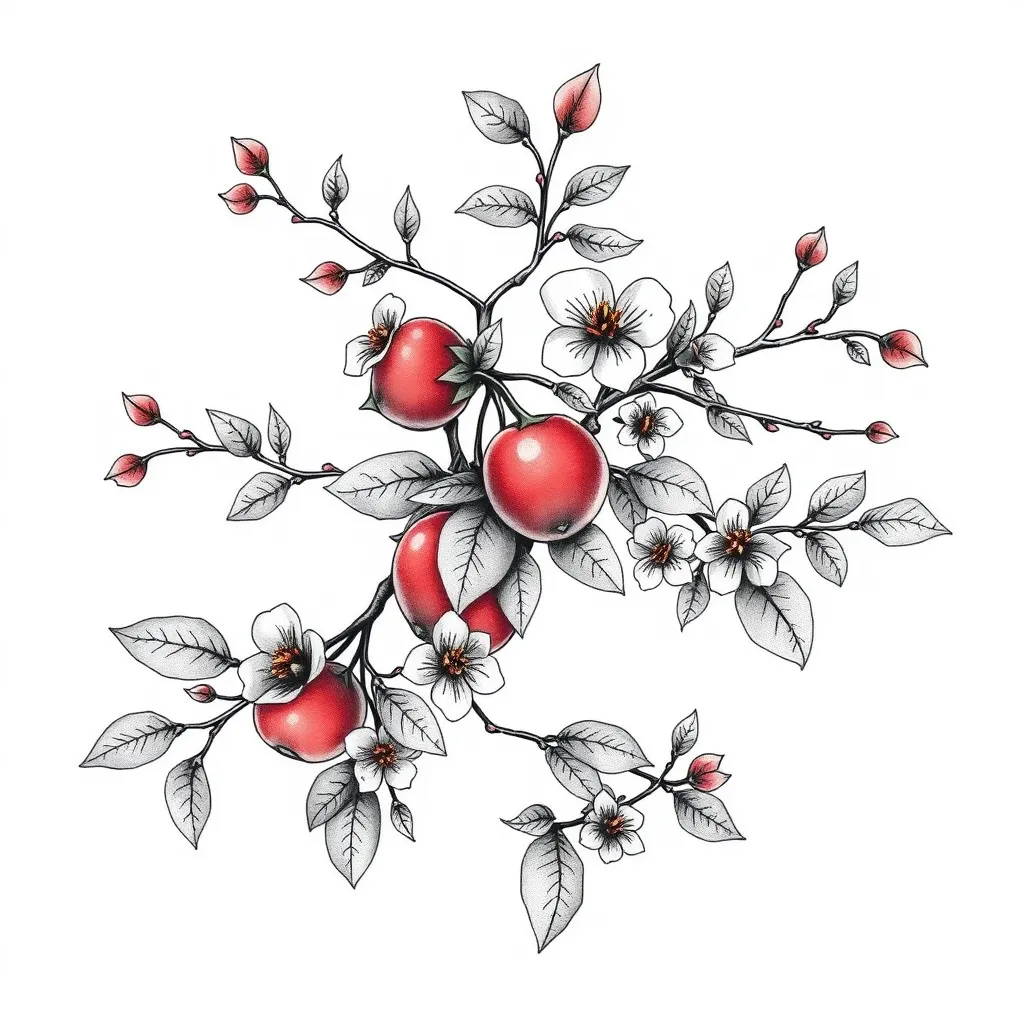 galhos de um pé de acerola com frutas e algumas flores em preto e branco τατουάζ