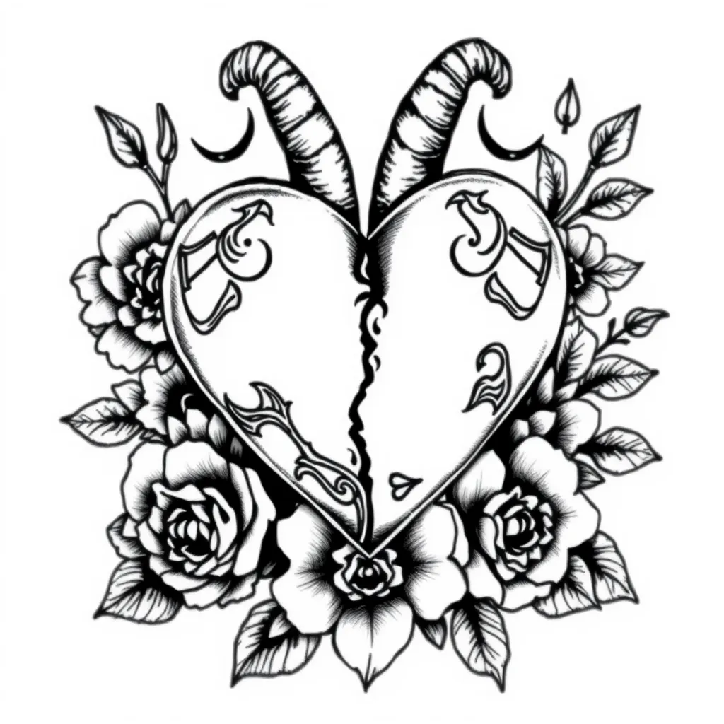 broken heart, hope, loneliness, capricorn, floral, black and white tattoo