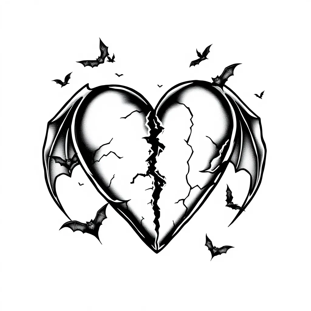 corazon roto con muercielagos pequelos volando de fondo  टैटू