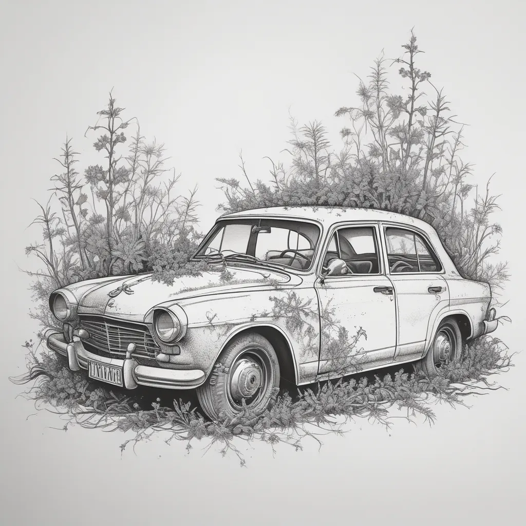 Burned Out Car: A car overgrown with weeds, symbolizing nature reclaiming the ruins of human civilization. Tätowierung