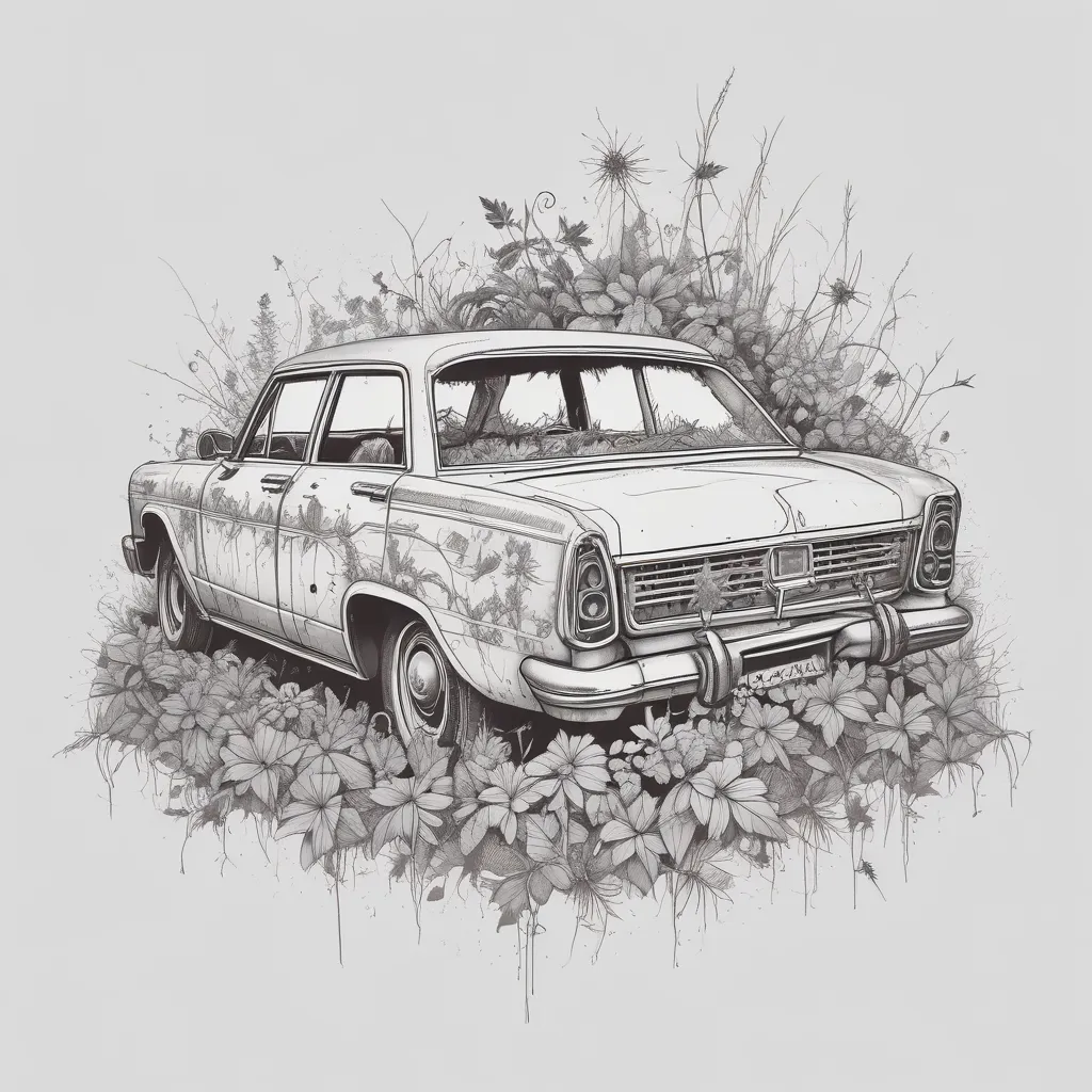 Burned Out Car: A car overgrown with weeds, symbolizing nature reclaiming the ruins of human civilization. tatuaggio