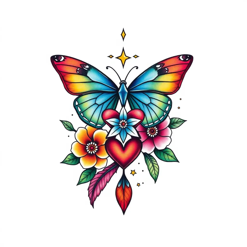 Papillon fleur etoile plume coeur infini tattoo