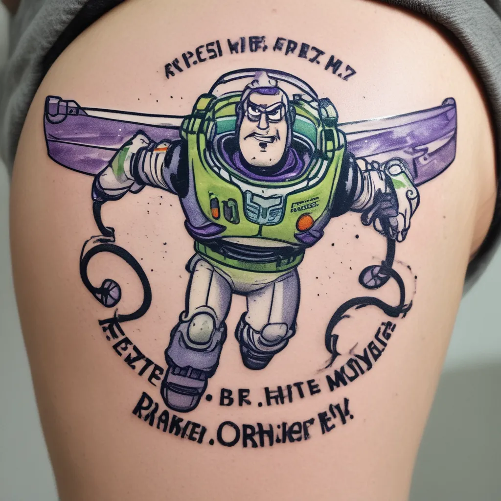 Buzz lightyear in bici e sotto la scritta “ride or fly” tatuering