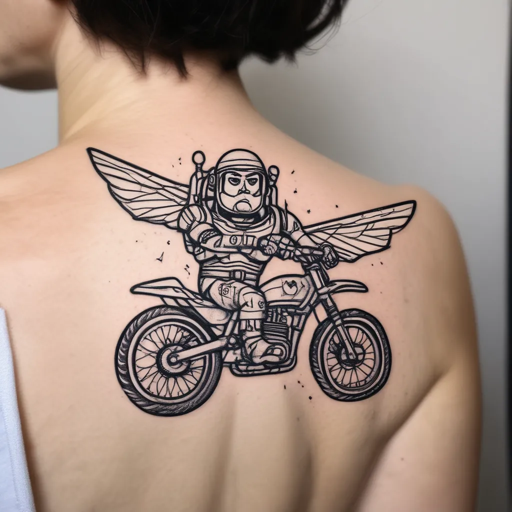 Buzz lightyear in bici e sotto la scritta “ride or fly” tatuointi