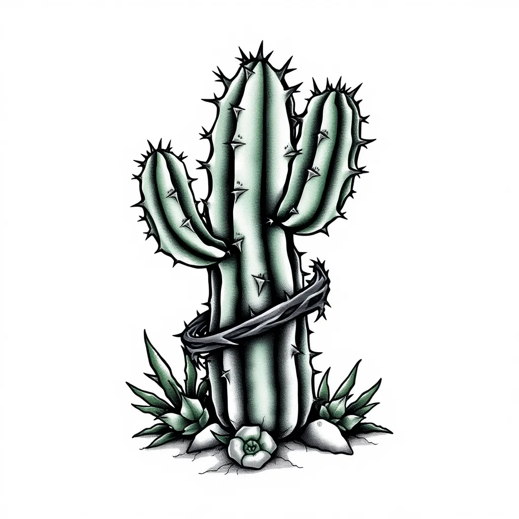 Cactus in a desert with bunch of thorns wrapping around it tattoo