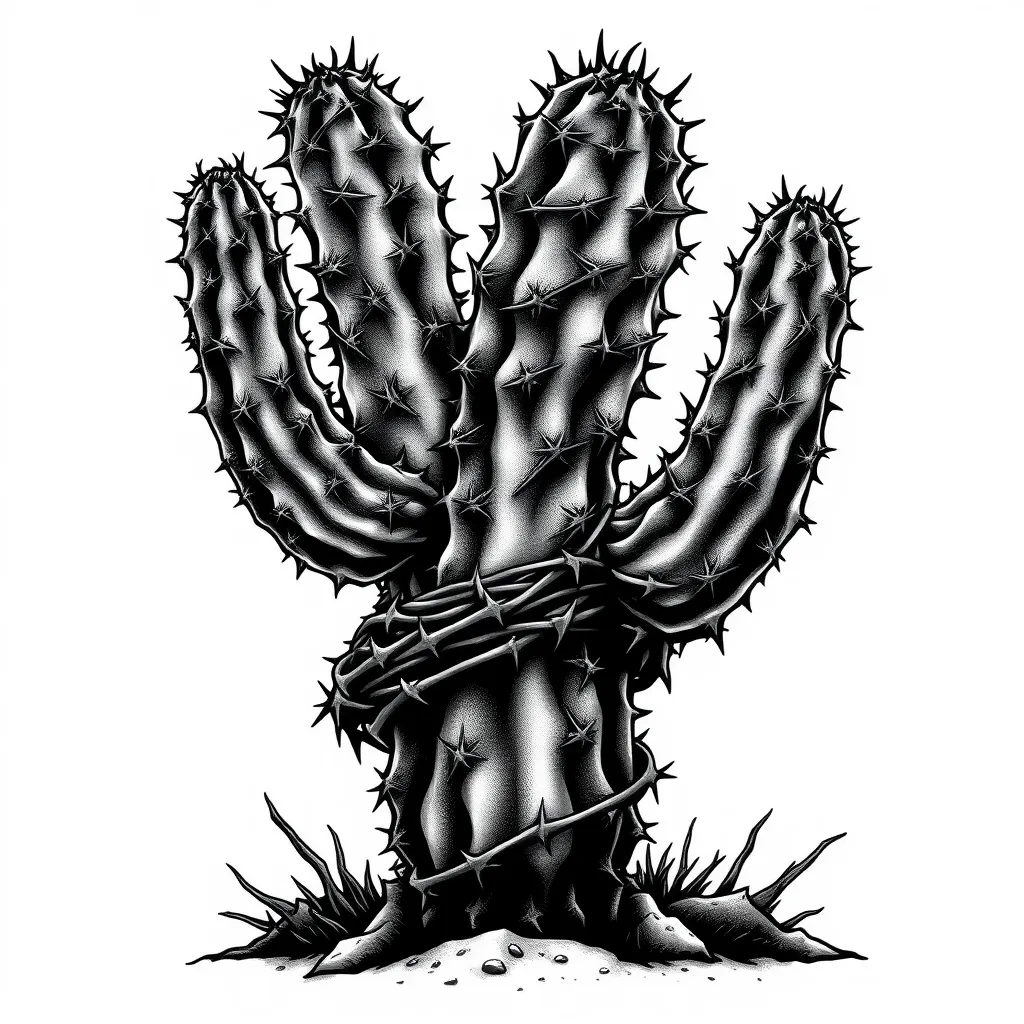 Cactus in a desert with bunch of thorns wrapping around it tattoo