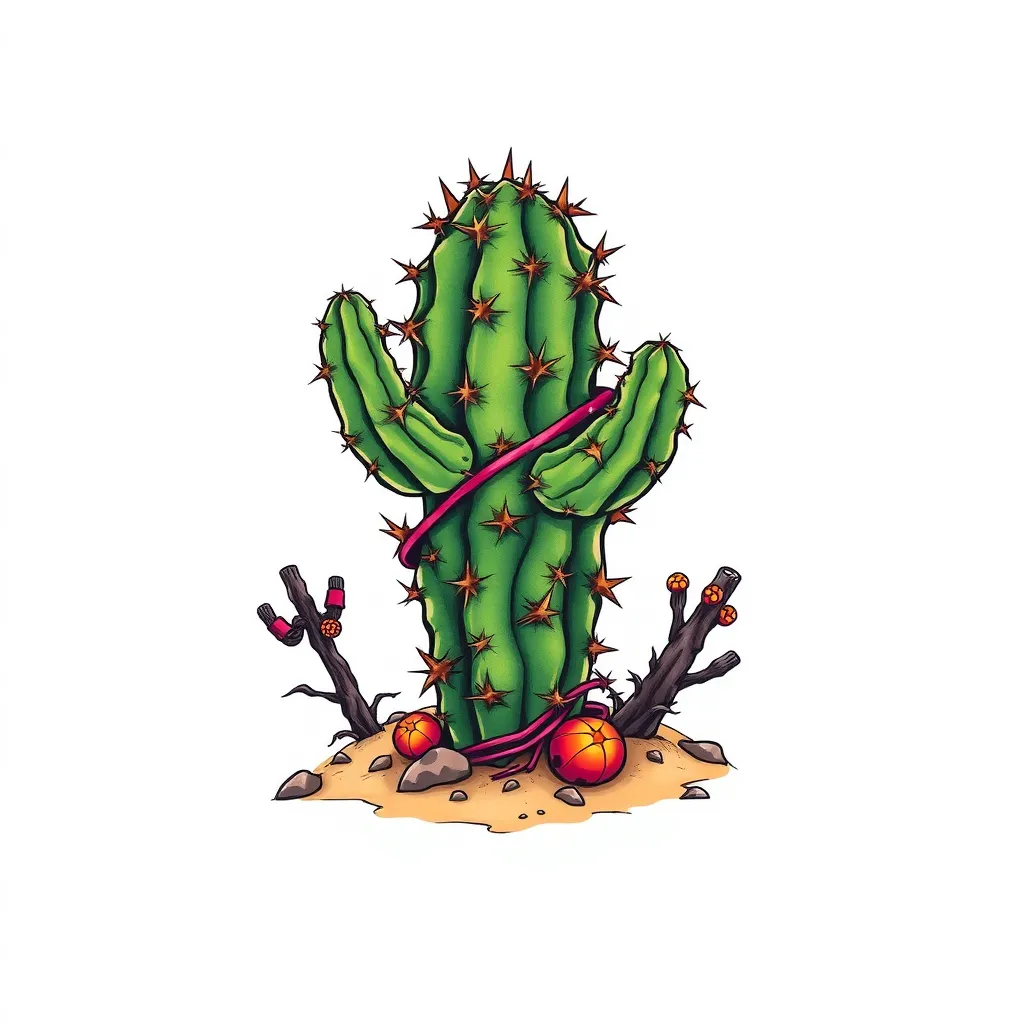 Cactus in a desert with bunch of thorns wrapping around it tattoo