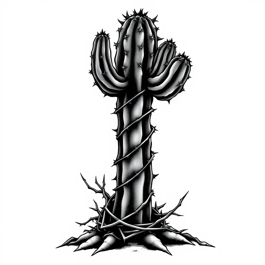 Cactus in a desert with bunch of thorns wrapping around it tattoo