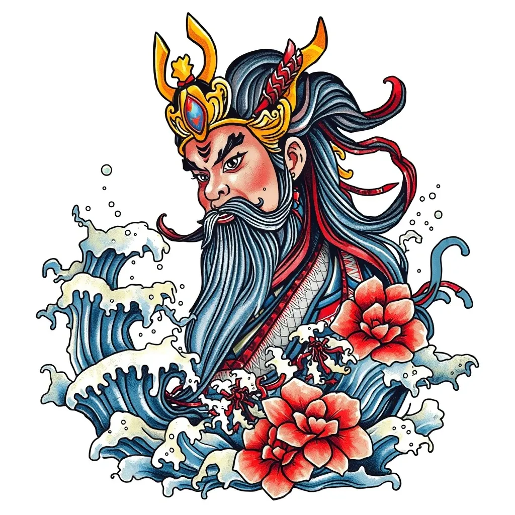 财神赵公明 周围有水元素 tatuaggio