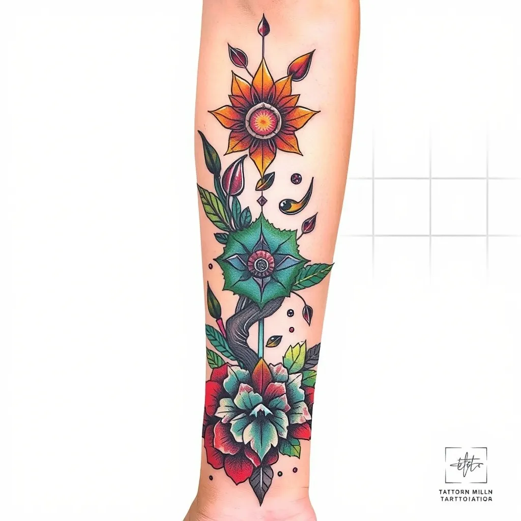 Kannst du mir ein unterarmtattoo erstellen indem Küchenfliesen im Hintergrund stehen  tatuaje