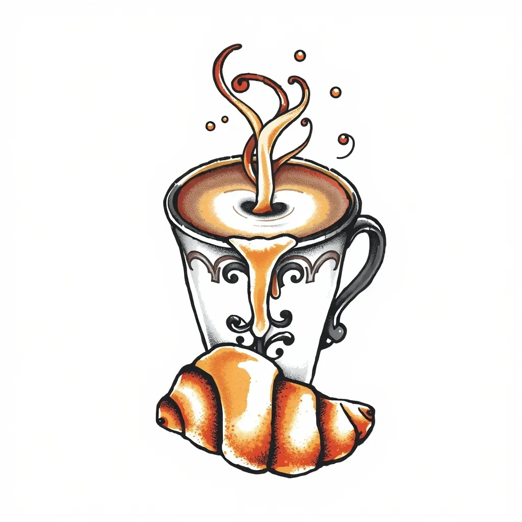 cappuccino con il latte che scende nella tazza e un croissant tattoo