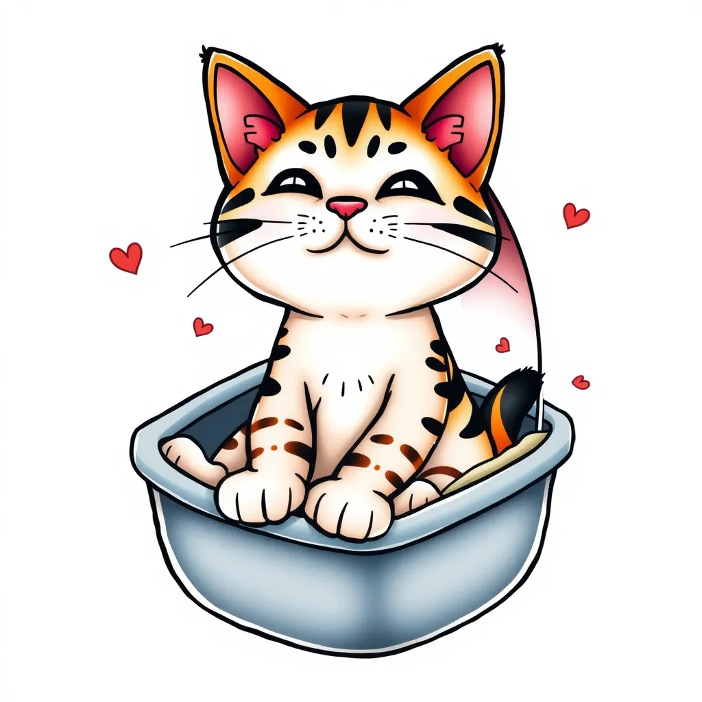 Cartoon cat sitting in kitty litter box tatuaggio