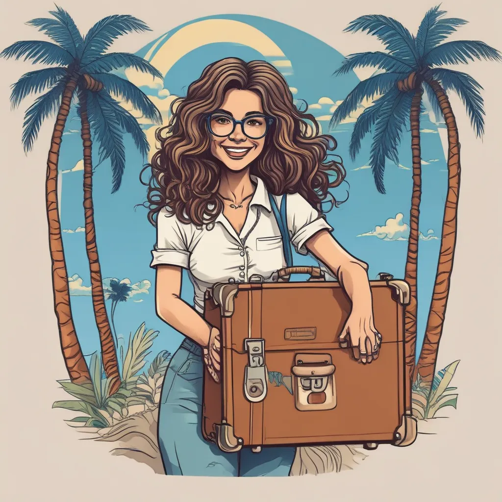 Cartoon poster of Gabriela with long curly hairs and spectacles, smiling and holding a suitcase, against a bright blue sky with palm trees, "¡Buen Viaje y Descanso! Gabriela, Relax and Recharge! tatuaż