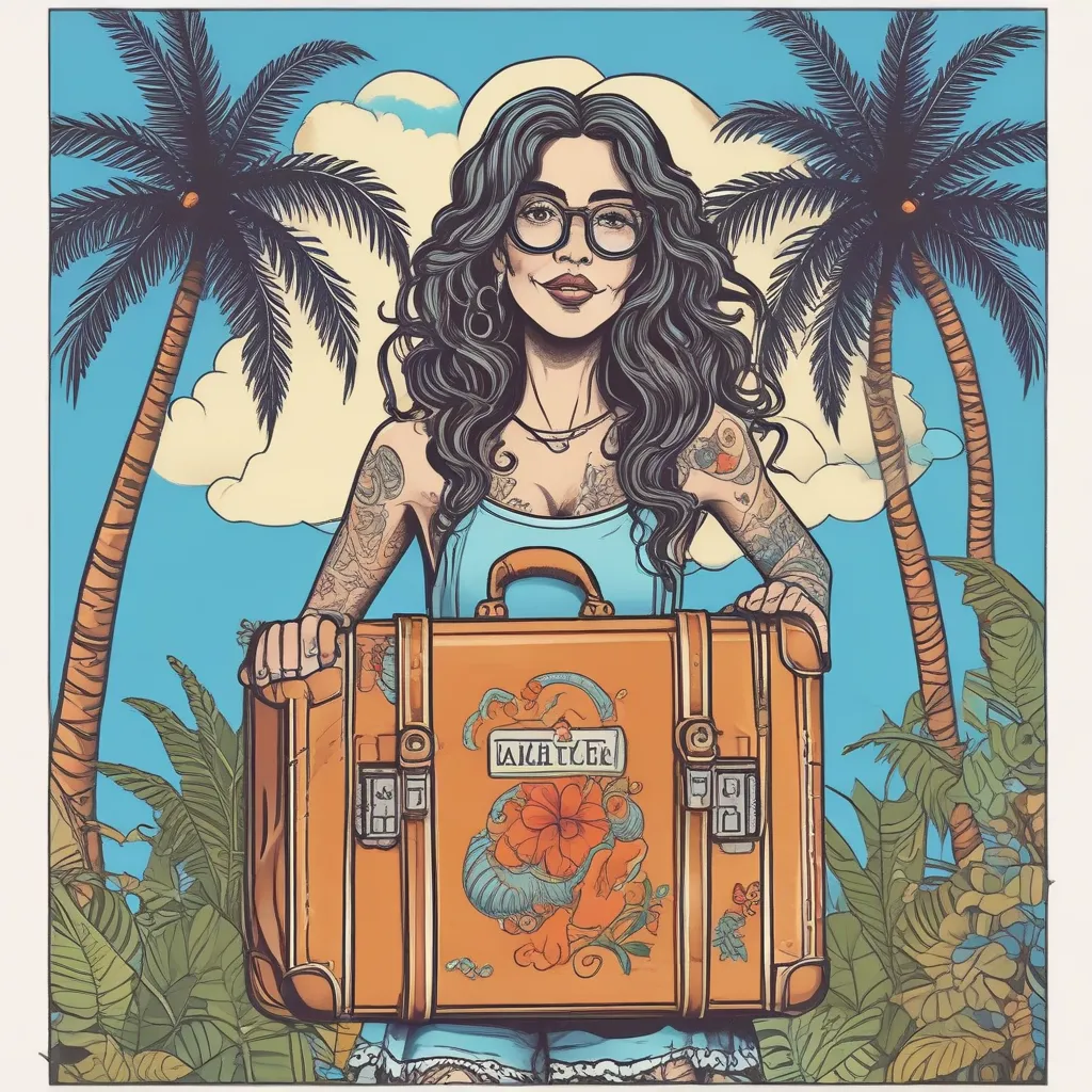 Cartoon poster of Gabriela with long curly hairs and spectacles, smiling and holding a suitcase, against a bright blue sky with palm trees, "¡Buen Viaje y Descanso! Gabriela, Relax and Recharge! tatuering