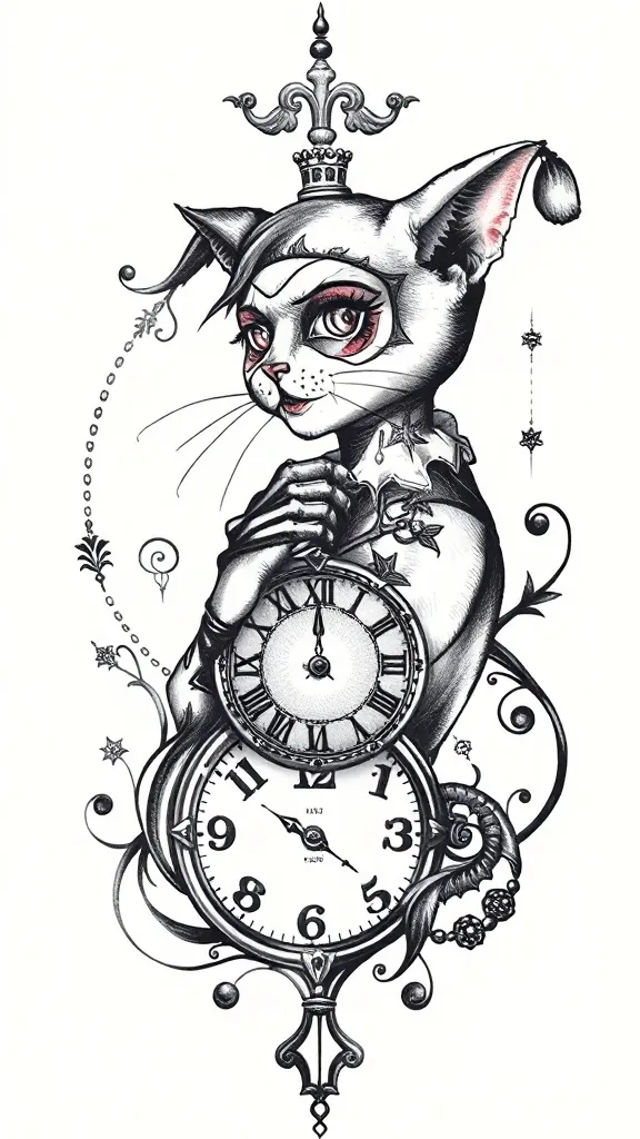猫，小丑女，时钟 문신