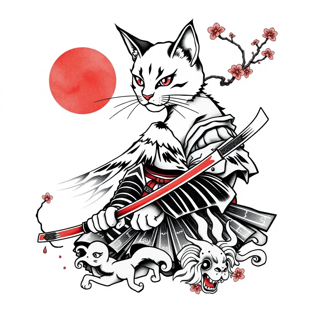 猫 武士 富士山 문신