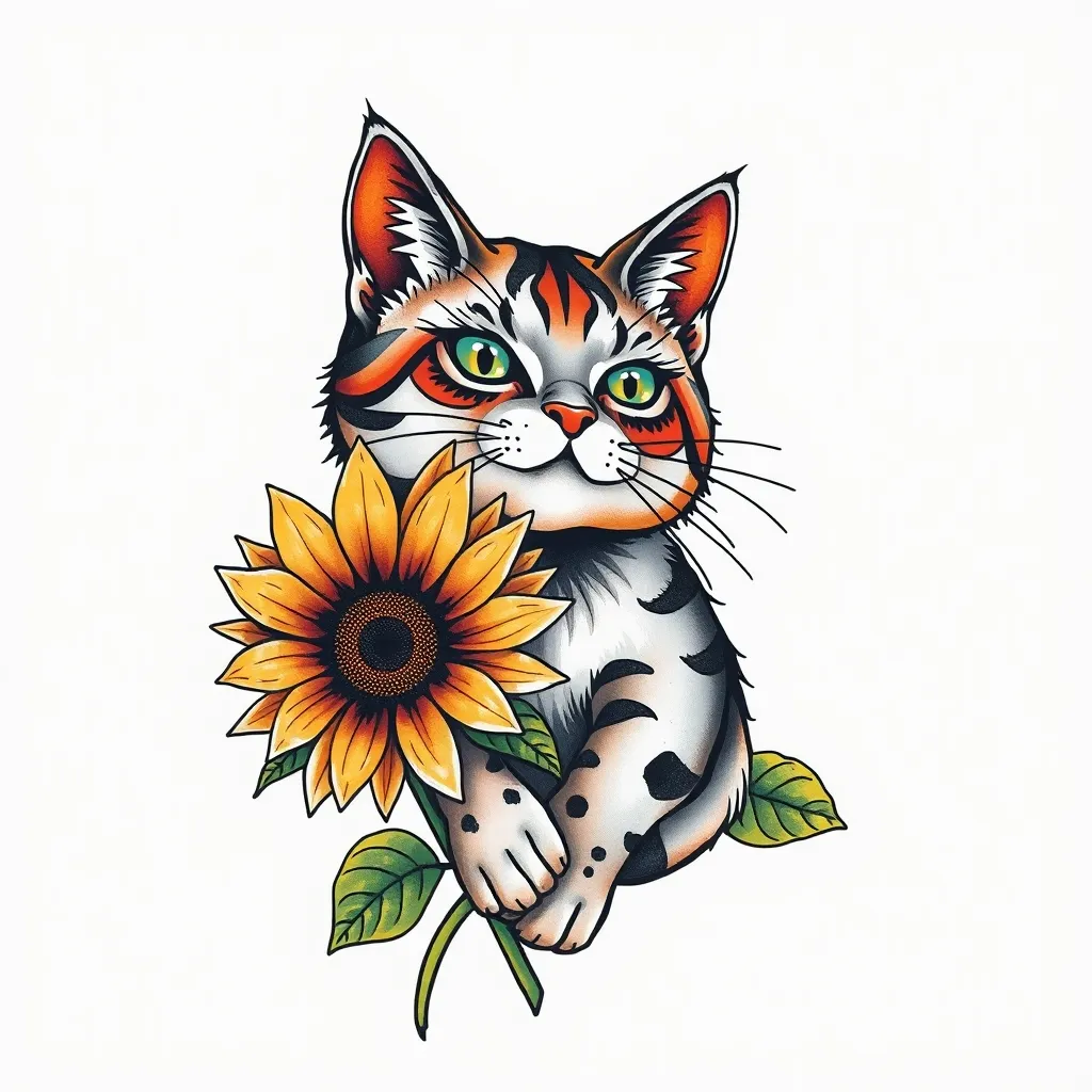 Gato com girassol tatoeage