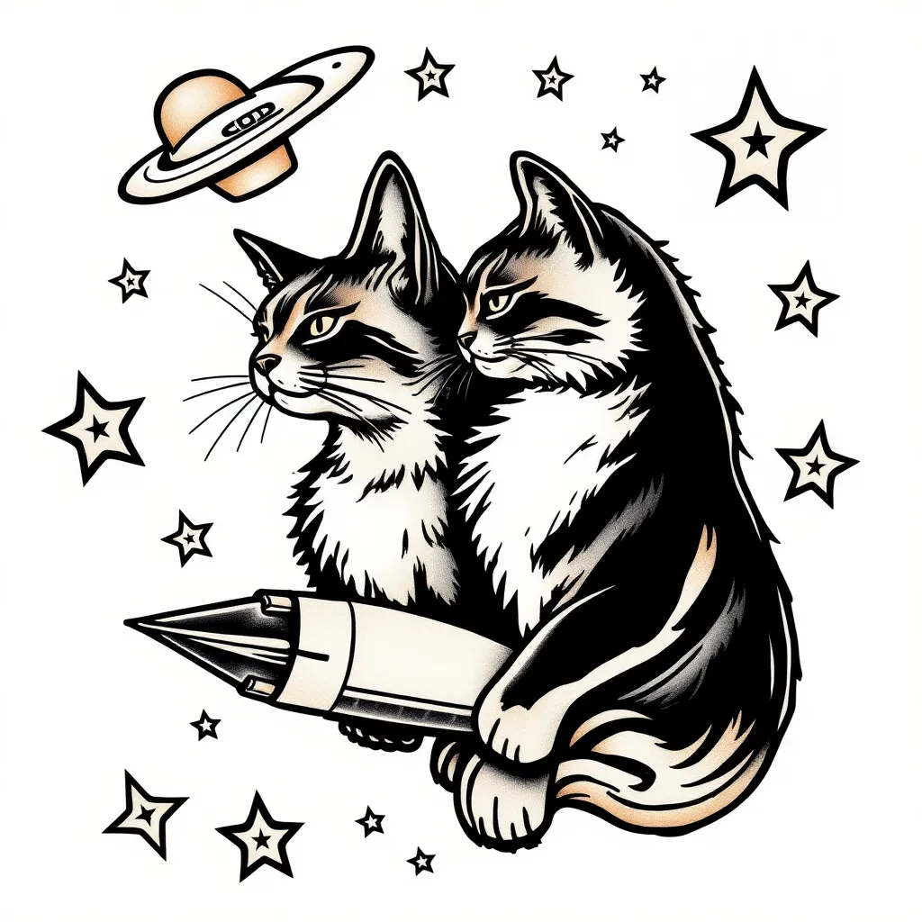 Gatos, estrellas, nave espacial 🚀🌟 tatuaje