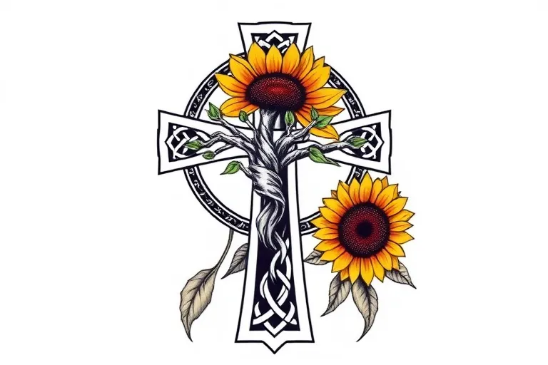 Keltenkreuz mit Inlay Lebensbaum und einer Sonnenblume tattoo