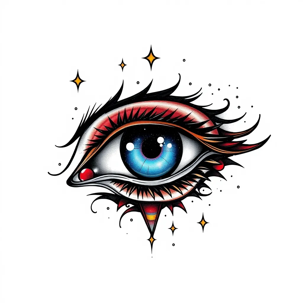 Charming eye vector sketch illustration with a night sky full of stars and nebulae on the background tattoo