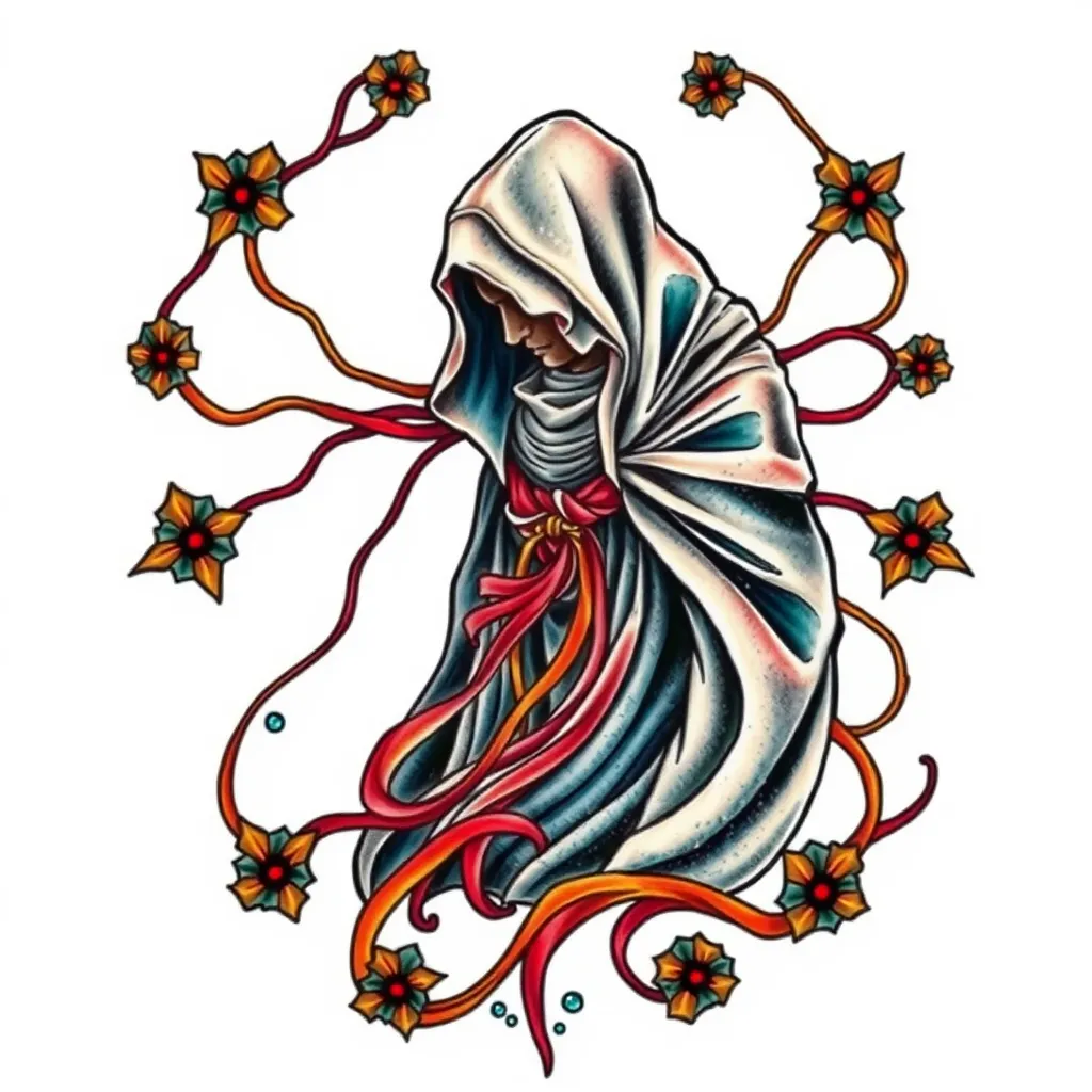 cloaked figure surrounded by the threads of fate that it controls tattoo