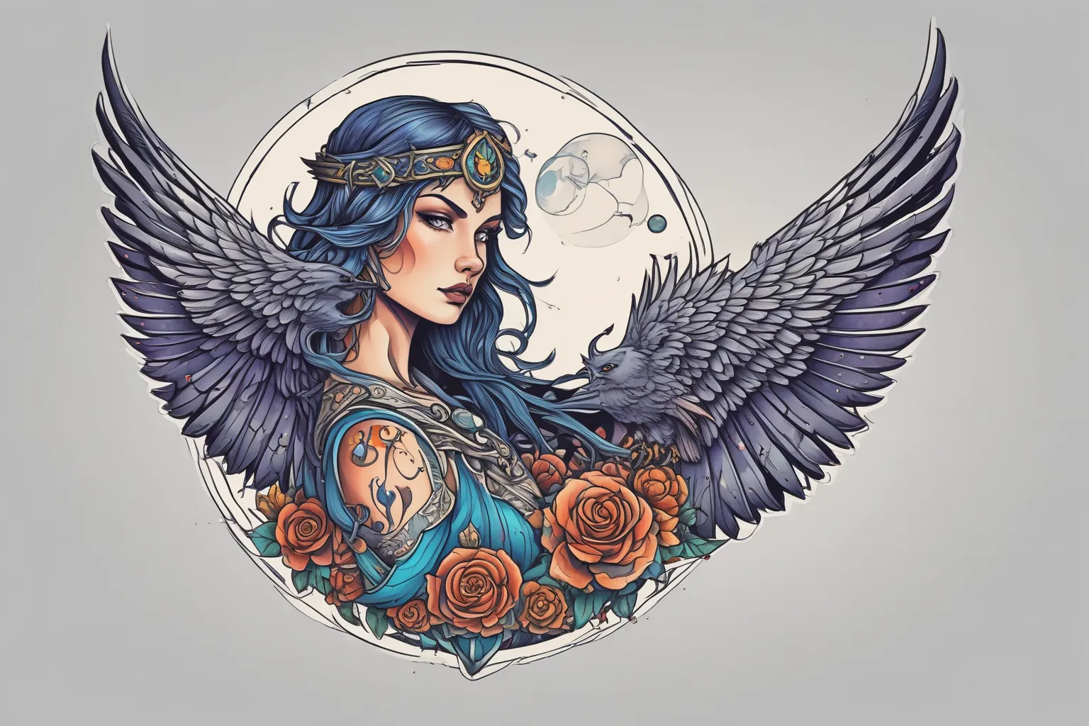 tatouage néo-traditionnel couleur , valkyrie , Corbeaux , pleine Lune , 
 Tätowierung