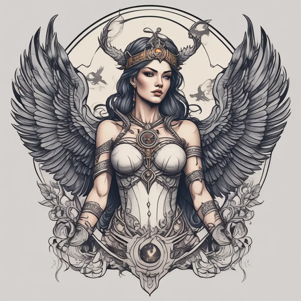 tatouage néo-traditionnel en couleur  , Valkyrie avec une faux , Corbeaux , Lune
 tatuaggio